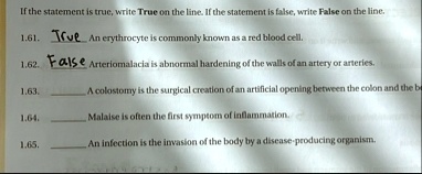 if the statement is true write true on the line if the statement is false write false on the line 161 true an erythrocyte is commonly known as a red blood cell 162 false arteriomalacia is ab 38496