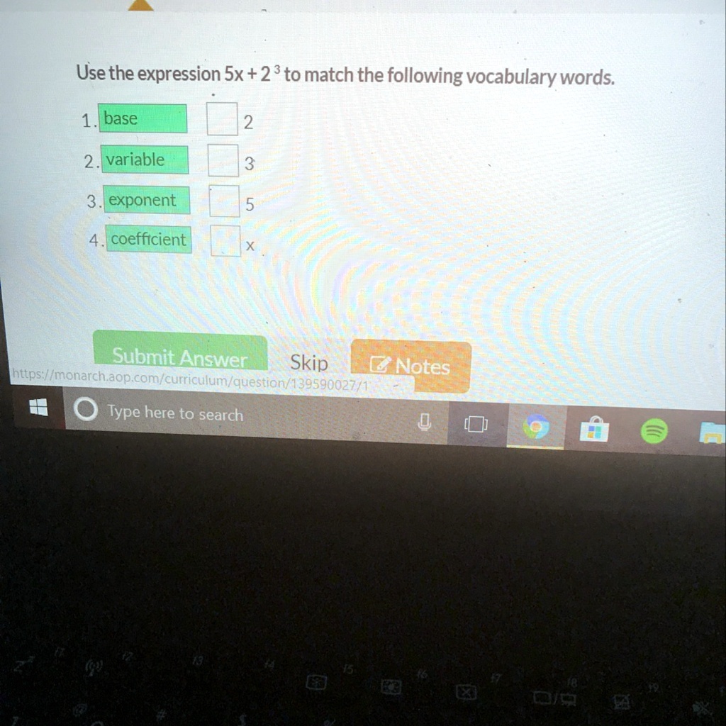 SOLVED: 'Use the expression 5x + 2^3 to match the following vocabulary ...