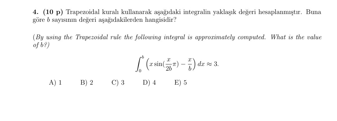 4. (10 P) Trapezoidal Kural? Kullanarak A?a??daki Integralin Yakla??k ...