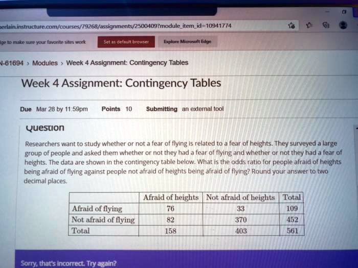SOLVED Title Contingency Tables Fear of Heights and Fear of Flying