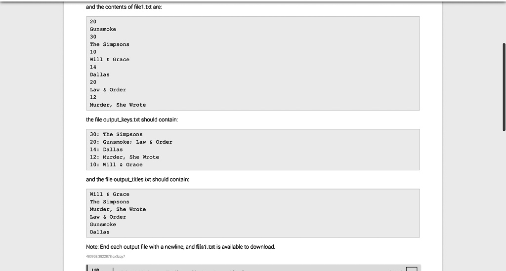 SOLVED: IN PYTHON ONLY. and the contents of file1.txt are: 20 Gunsmoke ...