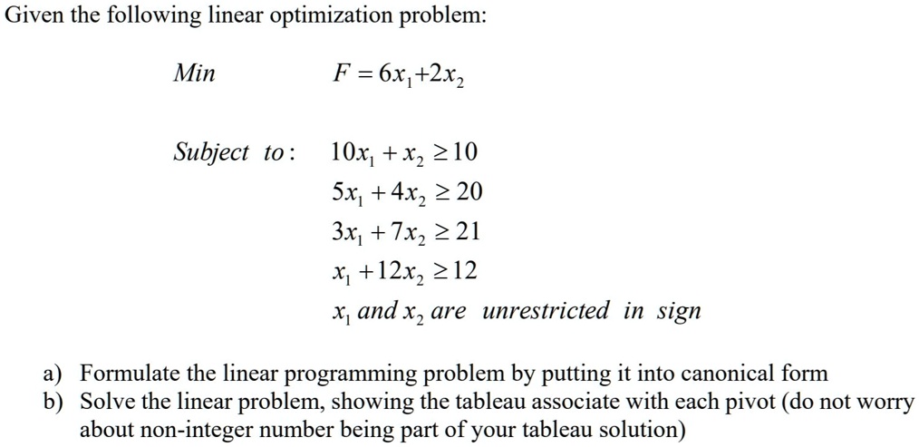 SOLVED: Given the following linear optimization problem: Minimize F ...