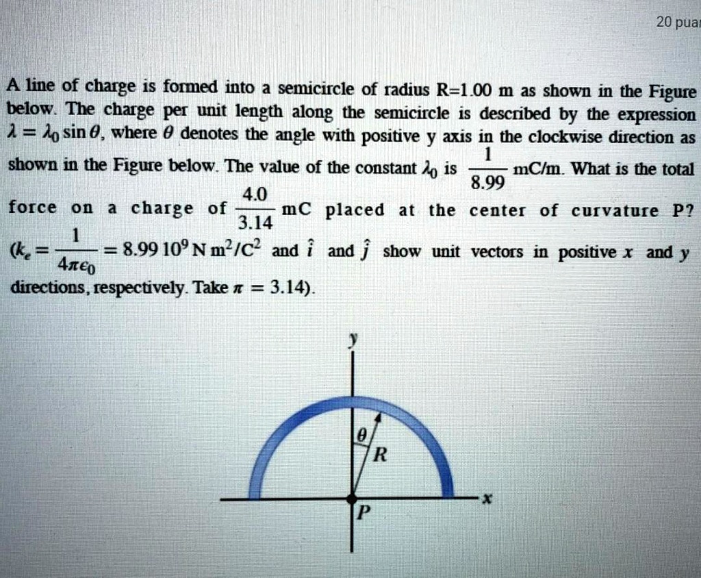 SOLVED: 20 puar line of charge is foned into semicircle of radius R-].O ...