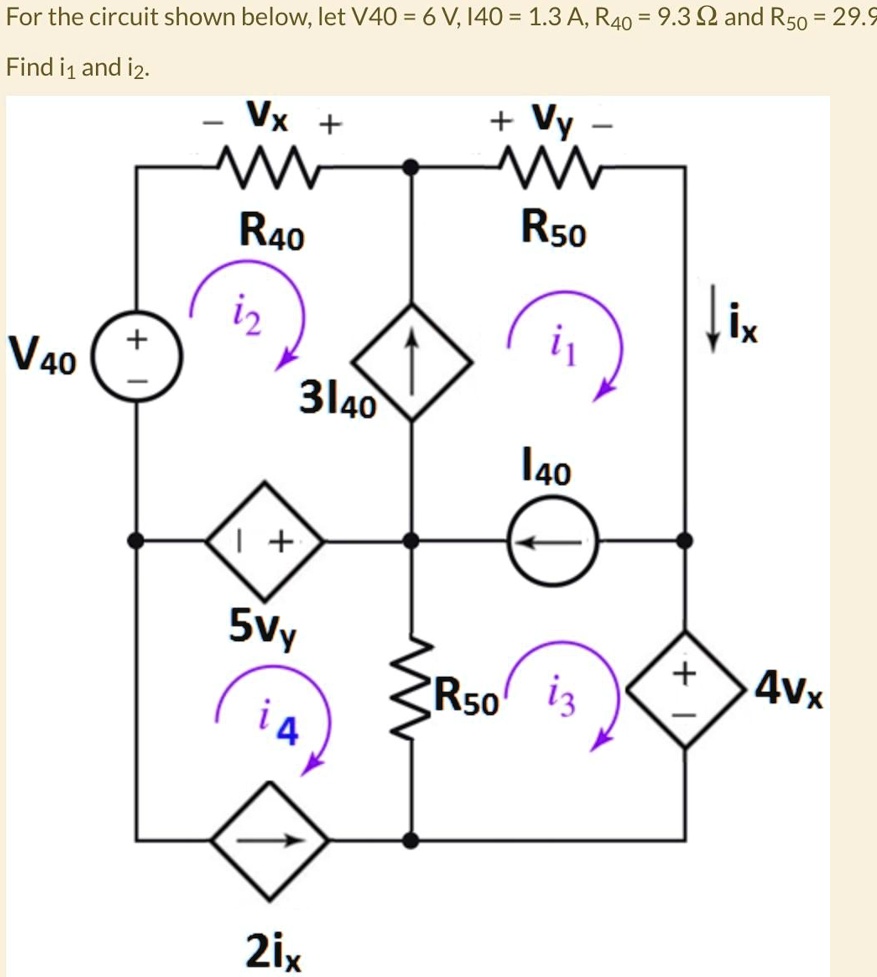 For the circuit shown below, let V40 = 6 V, I40 = 1.3 A, R40 = 9.3 ? and R50 = 29.9 ?.
Find i1 and i2.
- Vx +
+ Vy -
R40
R50
i2
i1
ix
V40
3I40
I40
- +
5vy
i4
R50 i3
+- 4vx
2ix