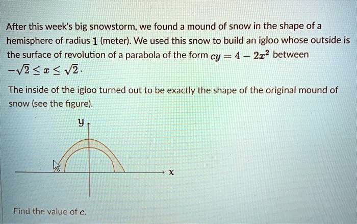 after this weeks big snowstorm we found 3 mound of snow in the shape of a hemisphere of radius 1 meter we used this snow to build an igloo whose outside is the surface of revolution of a par 42302