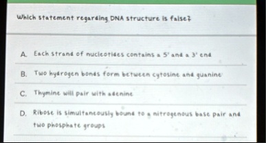 which statement regarding dna structure is false a each strand of nucleotides contains a 5 and a 3 end b two hydrogen bonds form between cytosine and guanine c thymine will pair with adenine 09768
