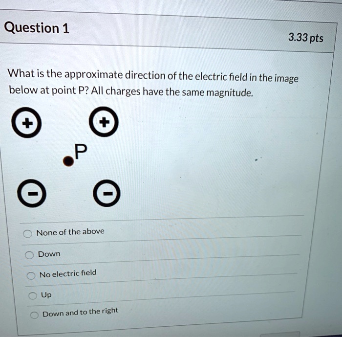 Question 1 3.33 pts What is the approximate direction of the electric ...