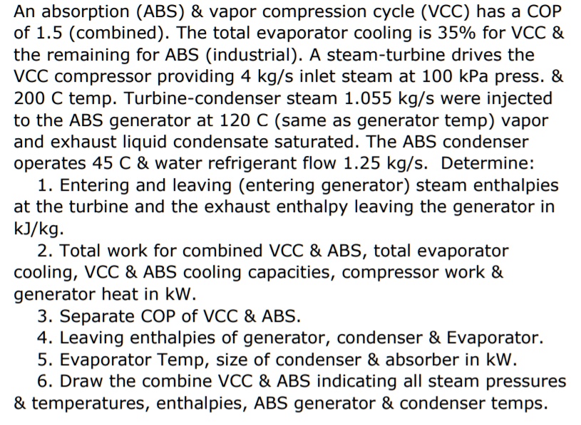 SOLVED An absorption (ABS) vapor compression cycle (VCC) has a COP of