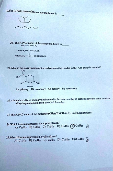 SOLVED: 19.Thc IUPAC namc compound below 20. The IUPAC aut oftu ...