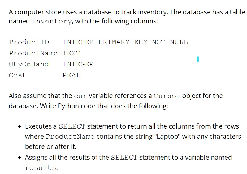 SOLVED: Texts: PYTHON A computer store uses a database to track ...