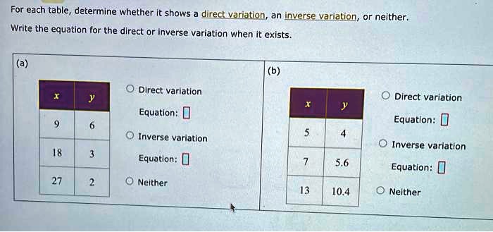 SOLVED: For each table, determine whether it shows direct variation ...
