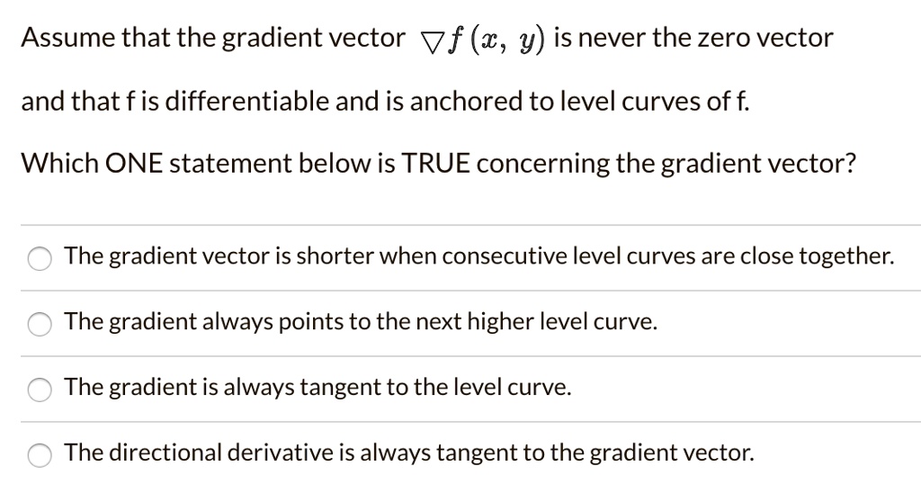 SOLVED: Assume that the gradient vector Vf (1, y) is never the zero ...