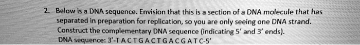 Below is a DNA sequence. Envision that this is a section of a DNA molecule that has separated in preparation for replication, so you are only seeing one DNA strand. Construct the complementary DNA sequence (indicating 5' and 3' ends). DNA sequence: 3'-T A C T G A C T G A C G A T C-5'