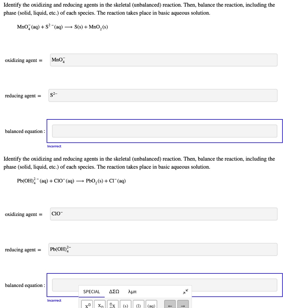 SOLVED: Identify the oxidizing and reducing agents in the skeletal ...