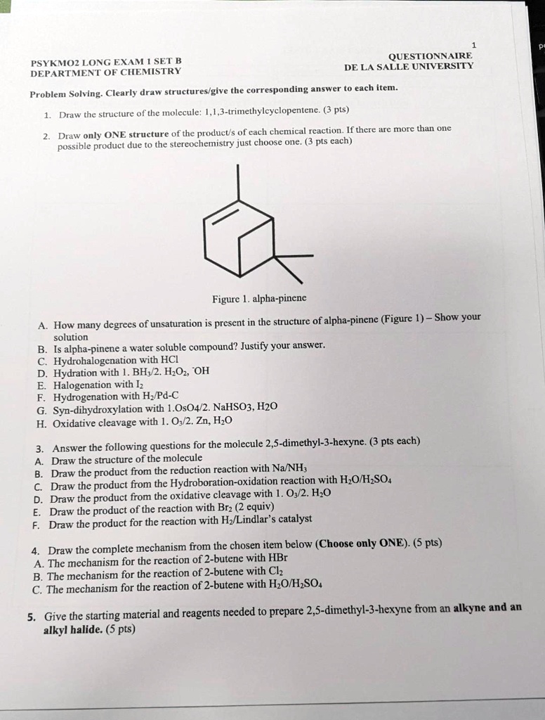 questionnaire psykmo2long exam 1 set b de la salle university department of chemistry problem solvingclearly draw structuresgive the corresponding answer to each item 1draw the structure of  53871
