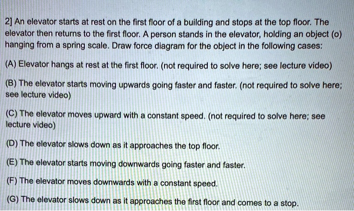 2] An elevator starts at rest on the first floor of a building and stops at the top floor. The elevator then returns to the first floor. A person stands in the elevator, holding an object (o) hanging from a spring scale. Draw force diagram for the object in the following cases:

(A) Elevator hangs at rest at the first floor. (not required to solve here; see lecture video)

(B) The elevator starts moving upwards going faster and faster. (not required to solve here; see lecture video)

(C) The elevator moves upward with a constant speed. (not required to solve here; see lecture video)

(D) The elevator slows down as it approaches the top floor.

(E) The elevator starts moving downwards going faster and faster.

(F) The elevator moves downwards with a constant speed.

(G) The elevator slows down as it approaches the first floor and comes to a stop.