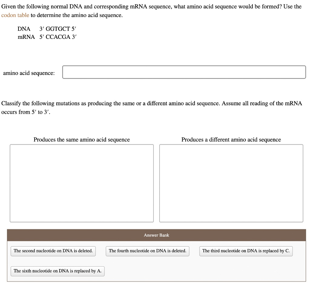SOLVED: Given the following normal DNA and corresponding mRNA sequence ...
