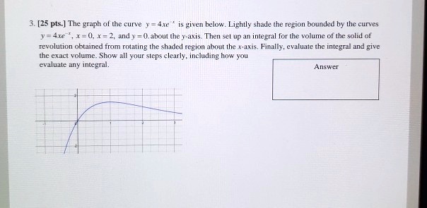 3. [25 pts.] The graph of the curve y = 4xe^-x is given below. Lightly shade the region bounded by the curves y = 4xe^-x, x = 0, x = 2, and y = 0. about the y-axis. Then set up an integral for the volume of the solid of revolution obtained from rotating the shaded region about the x-axis. Finally, evaluate the integral and give the exact volume. Show all your steps clearly, including how you evaluate any integral.