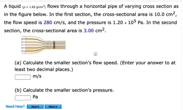 Solved A Liquid P 1 65 G Cm Flows Through A Horizontal Pipe Of Varying Cross Section In