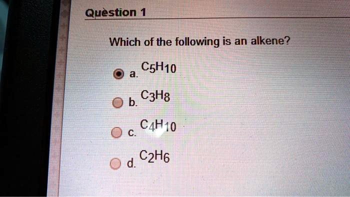 SOLVED Which of the following is an alkene a. C2H4 b. C3H8 c