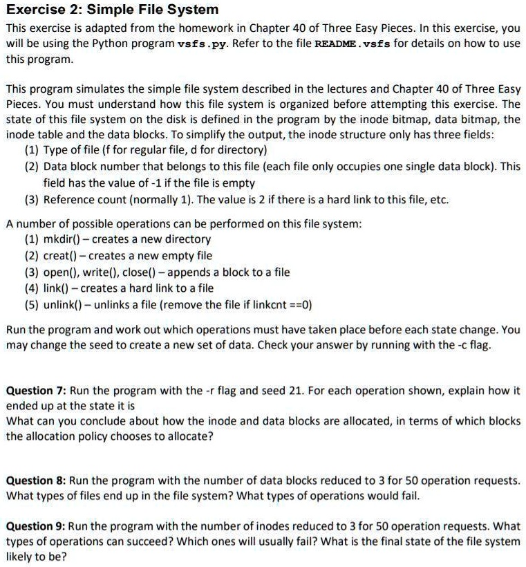 SOLVED: Exercise 2: Simple File System This exercise is adapted from ...