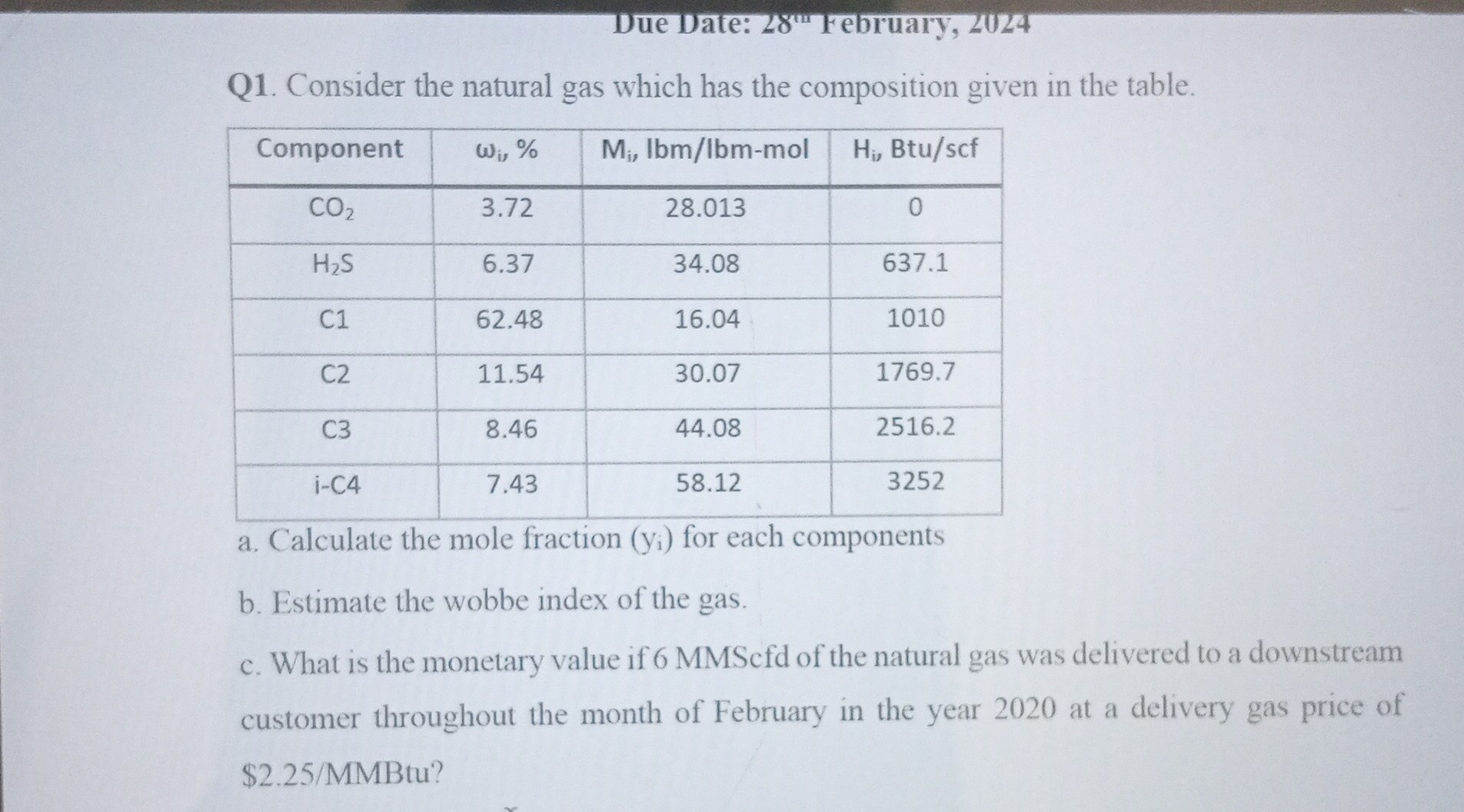 SOLVED Due vate 28^n " February, 2024 Q1. Consider the natural gas