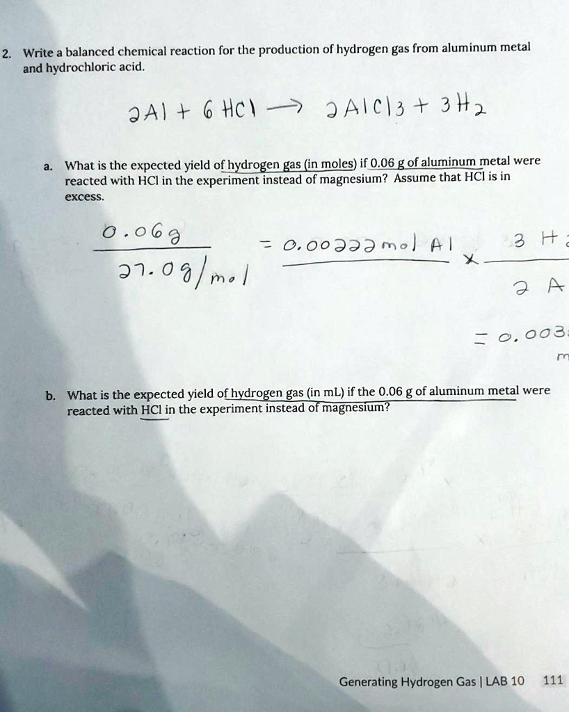 Solved Write A Balanced Chemical Reaction For The Production Of Hydrogen Gas From Aluminum 3285