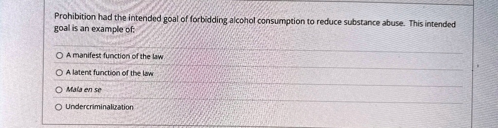 Prohibition had the intended goal of forbidding alcohol consumption to reduce substance abuse. This intended goal is an example of:
A manifest function of the law
A latent function of the law
Mala en se
Undercriminalization