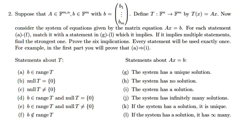 Solved 2 Suppose That A A Fm N 6 A Fm With B Define T Fn 7fm By T Z Ar Now Bm Consider The System Of Equations Given By The Matrix Equation Ar