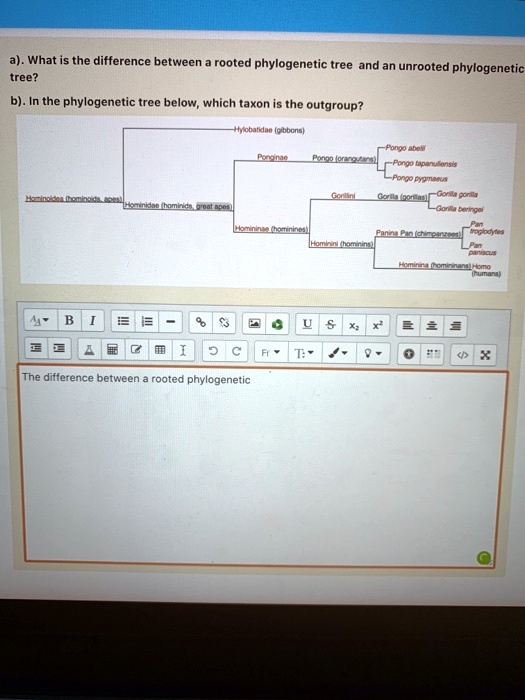 a). What is the difference between a rooted phylogenetic tree and an unrooted phylogenetic tree?
b). In the phylogenetic tree below, which taxon is the outgroup?
Hylobatidae (gibbons)
Ponginae Pongo (orangutans)
Pongo abelii
Pongo tapanuliensis
Pongo pygmaeus
Hominoidea (hominoids, apes) Hominidae (hominids, great apes)
Gorillini Gorilla (gorillas)
Gorilla gorilla
Gorilla beringei
Homininae (hominines) Hominini (hominins)
Panina Pan (chimpanzees)
Pan troglodytes
Pan paniscus
Hominina (homininans) Homo (humans)
The difference between a rooted phylogenetic