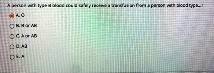 SOLVED: A person with type B blood could safely receive a transfusion ...