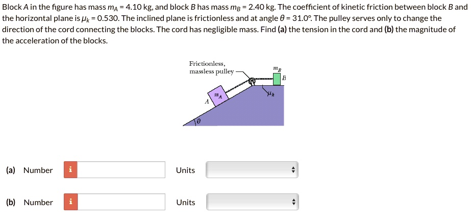 Block A in the figure has mass mA = 4.10 kg, and block B has mass mB = 2.40 kg. The coefficient of kinetic friction between block B and the horizontal plane is ?k = 0.530. The inclined plane is frictionless and at angle ? = 31.0°. The pulley serves only to change the direction of the cord connecting the blocks. The cord has negligible mass. Find (a) the tension in the cord and (b) the magnitude of the acceleration of the blocks.