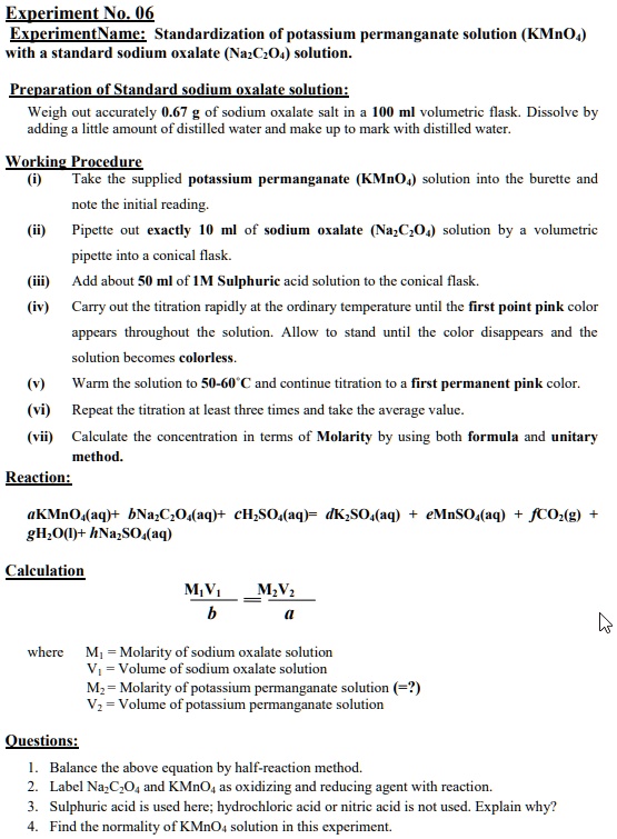 oxalic acid and potassium permanganate reaction equation