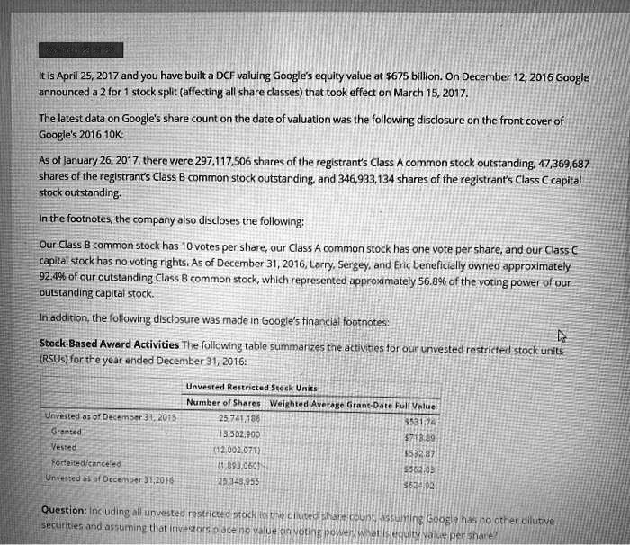 SOLVED: It is April 25, 2017 and you have built a DCF valuing Google's ...