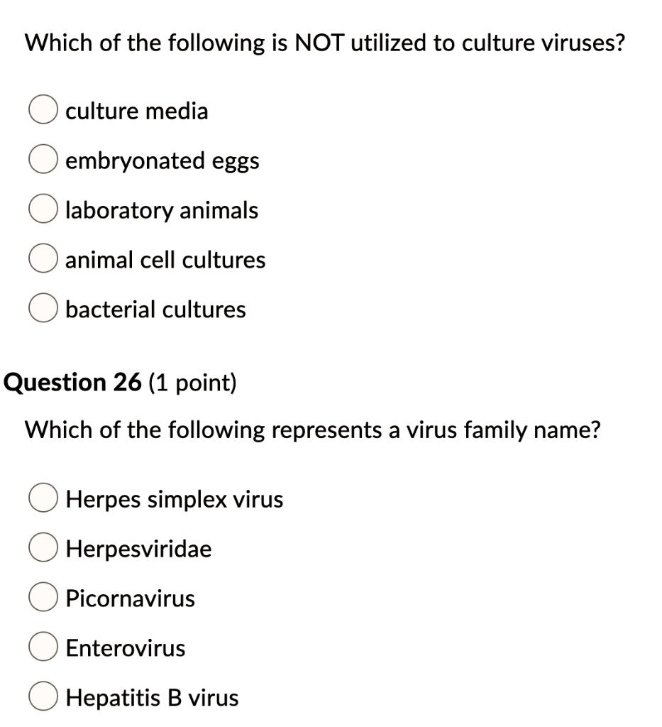 SOLVED: Which of the following is NOT utilized to culture viruses? culture media embryonated eggs laboratory animals animal cell cultures bacterial cultures Question 26 (1 point) Which of the following represents a SOLVED: Which of the following is NOT utilized to culture viruses? culture media embryonated eggs laboratory animals animal cell cultures bacterial cultures Question 26 (1 point) Which of the following represents a