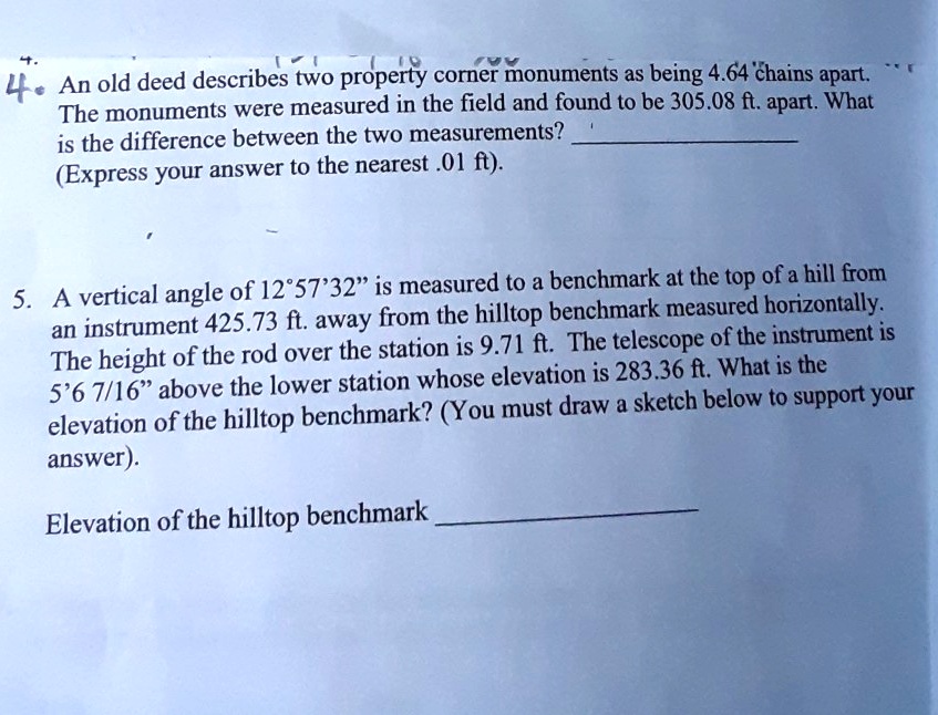 SOLVED An old deed describes two property corner monuments as being 4.