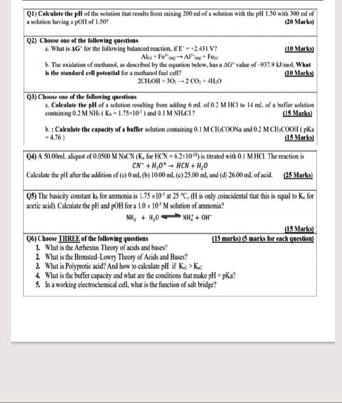 Solved Q1 Cakulte He Ph Ol The Sojution That Results From Mixing 2oo Mlof 1 Solution With The Phi 1 S0 With 30 Ml Ol Solution Htving Pohol 50 Muu Ke