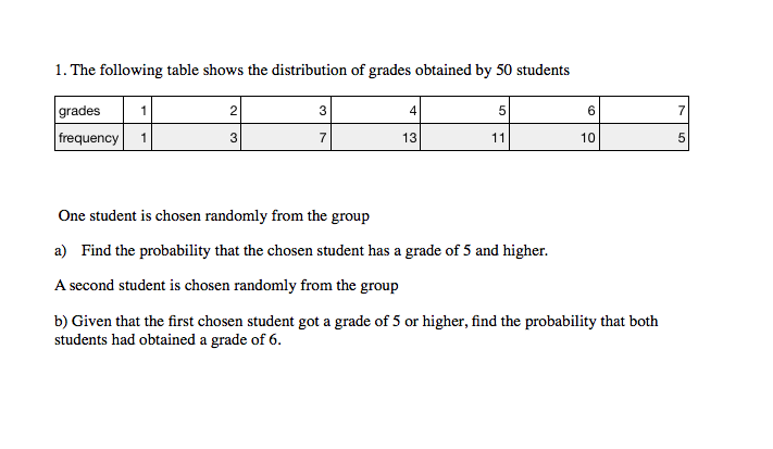 1. The following table shows the distribution of grades obtained by 50 students

grades 1 2 3 4 5 6 7
frequency 1 3 7 13 11 10 5

One student is chosen randomly from the group
a) Find the probability that the chosen student has a grade of 5 and higher.
A second student is chosen randomly from the group
b) Given that the first chosen student got a grade of 5 or higher, find the probability that both students had obtained a grade of 6.