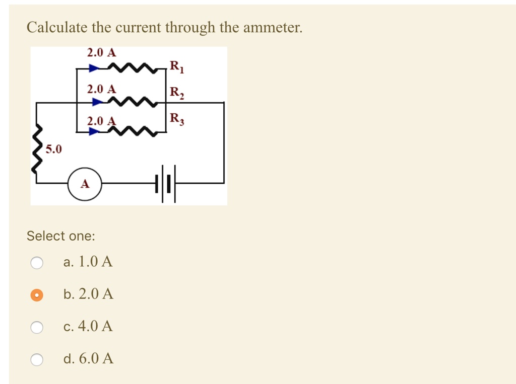 SOLVED Calculate the current through the ammeter 2.0 A Ri 2.0 A Rz 2.0 A R3 5.0 Select one a