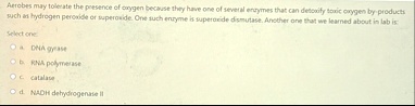 aerobes may tolerate the presence of oxygen because they have one of several enzymes that can detoxify toxic oxygen by products such as hydrogen peroxide or superoxide one such enzyme is sup 45244