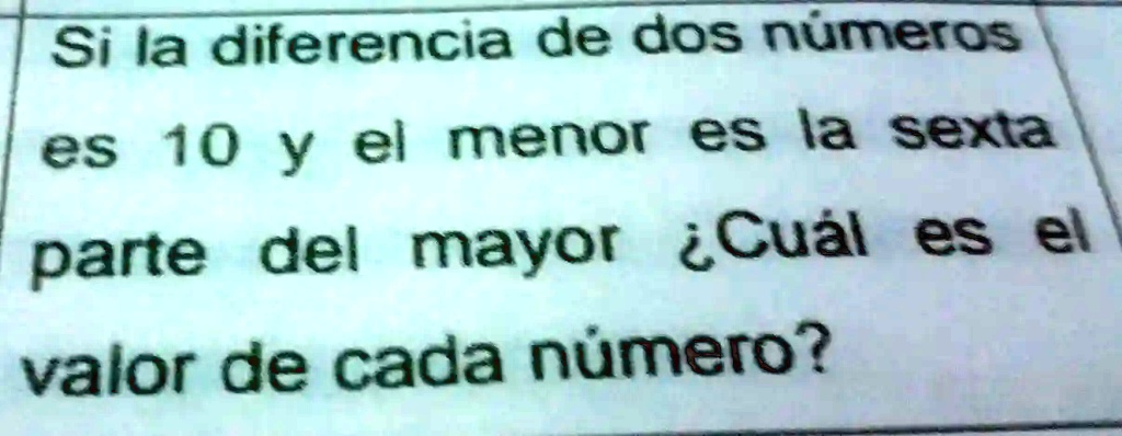si ia diferencia de dos numeros es 10 y el menor es ia sexta del mayor