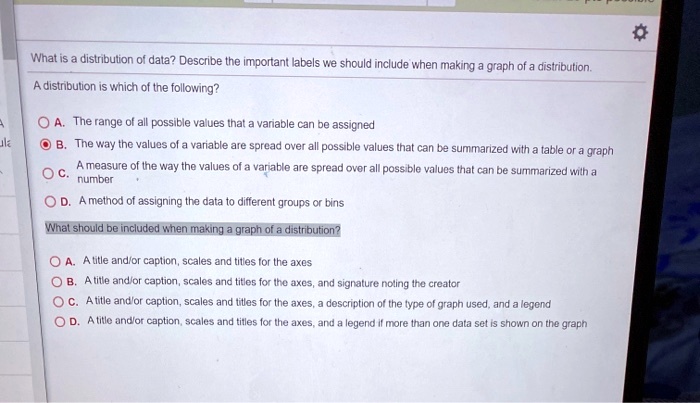 What is a distribution of data? Describe the important labels we should include when making a graph of a distribution.
A distribution is which of the following?
A. The range of all possible values that a variable can be assigned
B. The way the values of a variable are spread over all possible values that can be summarized with a table or a graph
C. A measure of the way the values of a variable are spread over all possible values that can be summarized with a
number
D. A method of assigning the data to different groups or bins
What should be included when making a graph of a distribution?
A. A title and/or caption, scales and titles for the axes
B. A title and/or caption, scales and titles for the axes, and signature noting the creator
C. A title and/or caption, scales and titles for the axes, a description of the type of graph used, and a legend
D. A title and/or caption, scales and titles for the axes, and a legend if more than one data set is shown on the graph