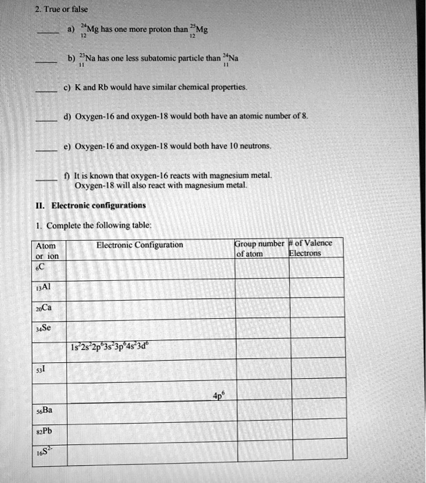 2. True or false
a) 24/12Mg has one more proton than 25/12Mg
b) 23/11Na has one less subatomic particle than 24/11Na
c) K and Rb would have similar chemical properties.
d) Oxygen-16 and oxygen-18 would both have an atomic number of 8.
e) Oxygen-16 and oxygen-18 would both have 10 neutrons.
f) It is known that oxygen-16 reacts with magnesium metal. Oxygen-18 will also react with magnesium metal.
II. Electronic configurations
1. Complete the following table:
Atom or ion | Electronic Configuration | Group number of atom | # of Valence Electrons
6C | | |
13Al | | |
20Ca | | |
34Se | | |
| 1s2 2s2 2p6 3s2 3p6 4s2 3d6 | | 
53I | | |
| 4p6 | |
56Ba | | |
82Pb | | |
16S2- | | |
