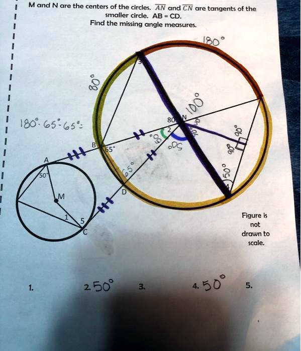 M and N are the centers of the circles. AN and CN are tangents of the smaller circle. AB = CD.
Find the missing angle measures.
180°
80°
100°
180°-65°-65°=
N
B 65°
50°
2
90° 90°
50°
A 50°
65°
M
D
50°
4
1
5
C
Figure is not drawn to scale.
1.
2. 50°
3.
4. 50°
5.
