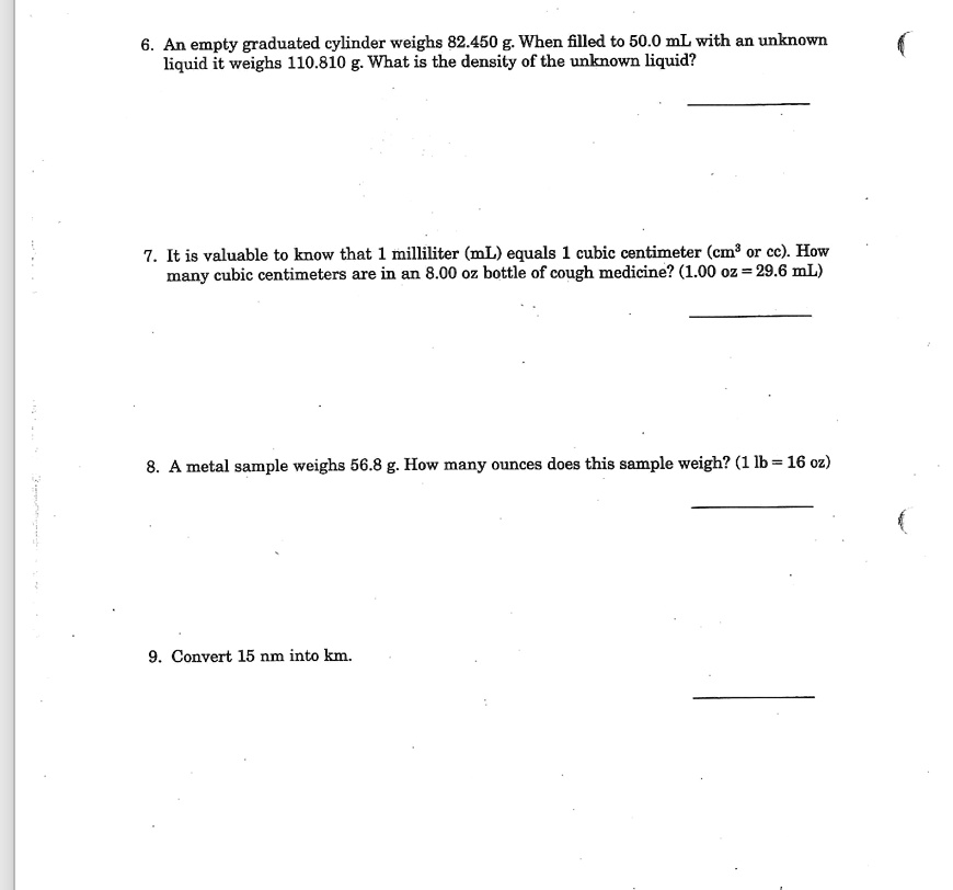 SOLVED An empty graduated cylinder weighs 82.450 g. When filled to 50.