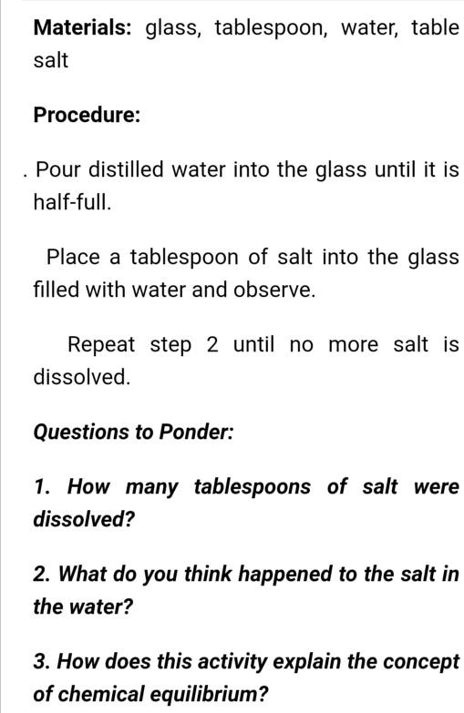 SOLVED Materials glass, tablespoon; water; table salt Procedure Pour distilled water into the