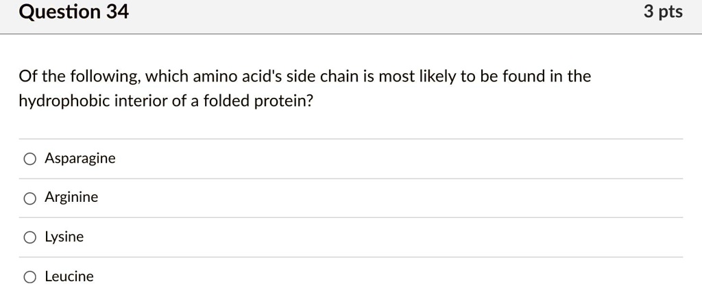 Of the following, which amino acid's side chain is most likely to be found in the hydrophobic interior of a folded protein?
Asparagine
Arginine
Lysine
Leucine