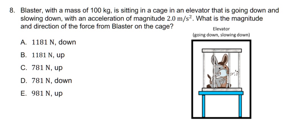blaster with a mass of 100kg is sitting in a cage in an elevator that is going down and slowing down with an acceleration of magnitude 20ms2 what is the magnitude and direction of the force  35795