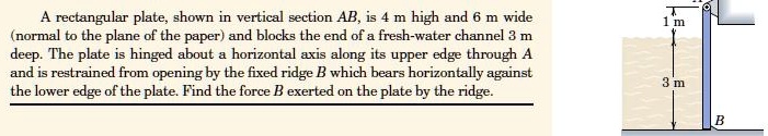 A rectangular plate, shown in vertical section AB, is 4 m high and 6 m wide (normal to the plane of the paper) and blocks the end of a fresh-water channel 3 m deep. The plate is hinged about a horizontal axis along its upper edge through A and is restrained from opening by the fixed ridge B which bears horizontally against the lower edge of the plate. Find the force B exerted on the plate by the ridge.