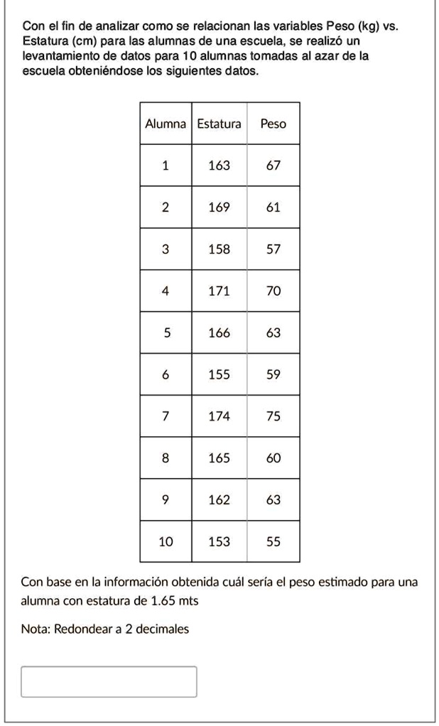 con el fin de analizar como se relacionan las variables peso kg vs estatura cm para las alumnas de una escuela se realizo un levantamiento de datos para 10 alumnas tomadas al azar de la escu 53883